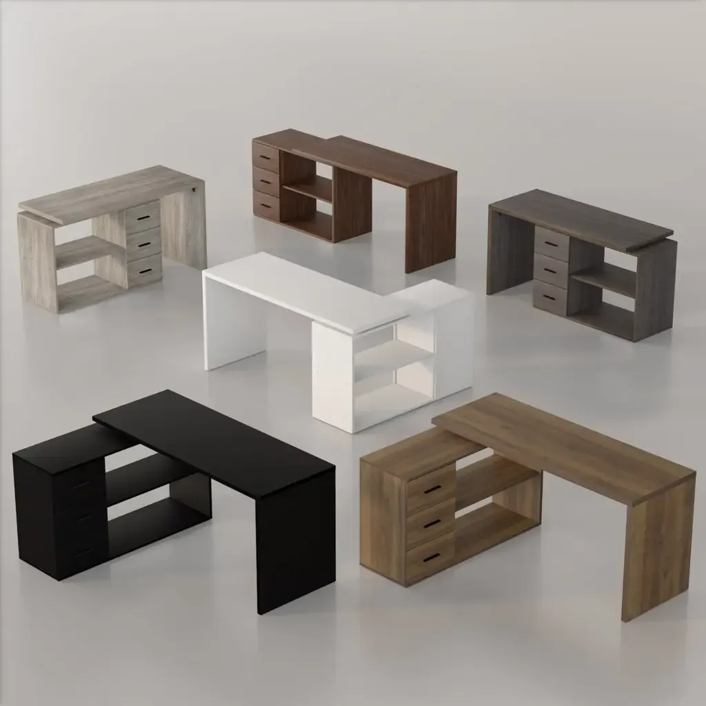 L formosL formosatingBesisukantis kompiuterio stalas suiai,SJuodas ąžuolaspavaizduoti juodo ąžuolo apdaila iš kelių kampų Toptrue L Shaped 360 Rotating Computer Desk with 3 Drawers shown in Black Oak finish from multiple angles