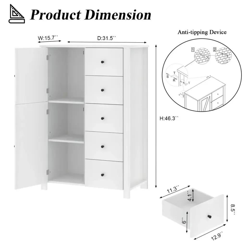 Tuhinga o mua, White okirohanga o mua e whakaatu ana i te hoahoa kiko me nga kakau pango Toptrue White Oak Chest of Drawers - Front view showing sleek design and black handles