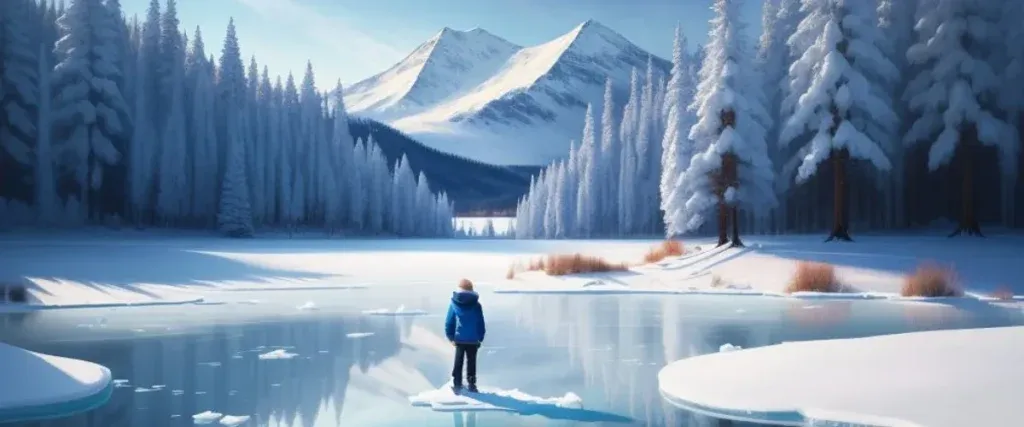 Man Standing On A Rock On A Snowy Lake