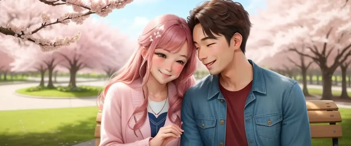 A loving couple under cherry blossom