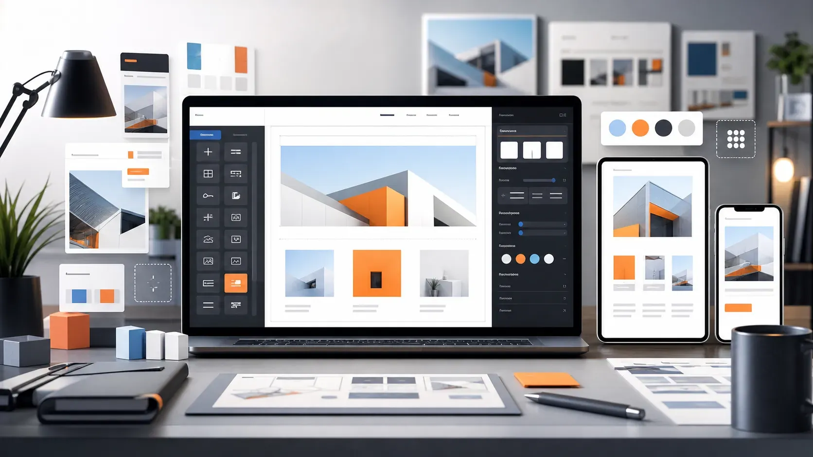 9954-wordpress-page-builders-featured Editorial illustration of WordPress page builder design workflow across responsive devices