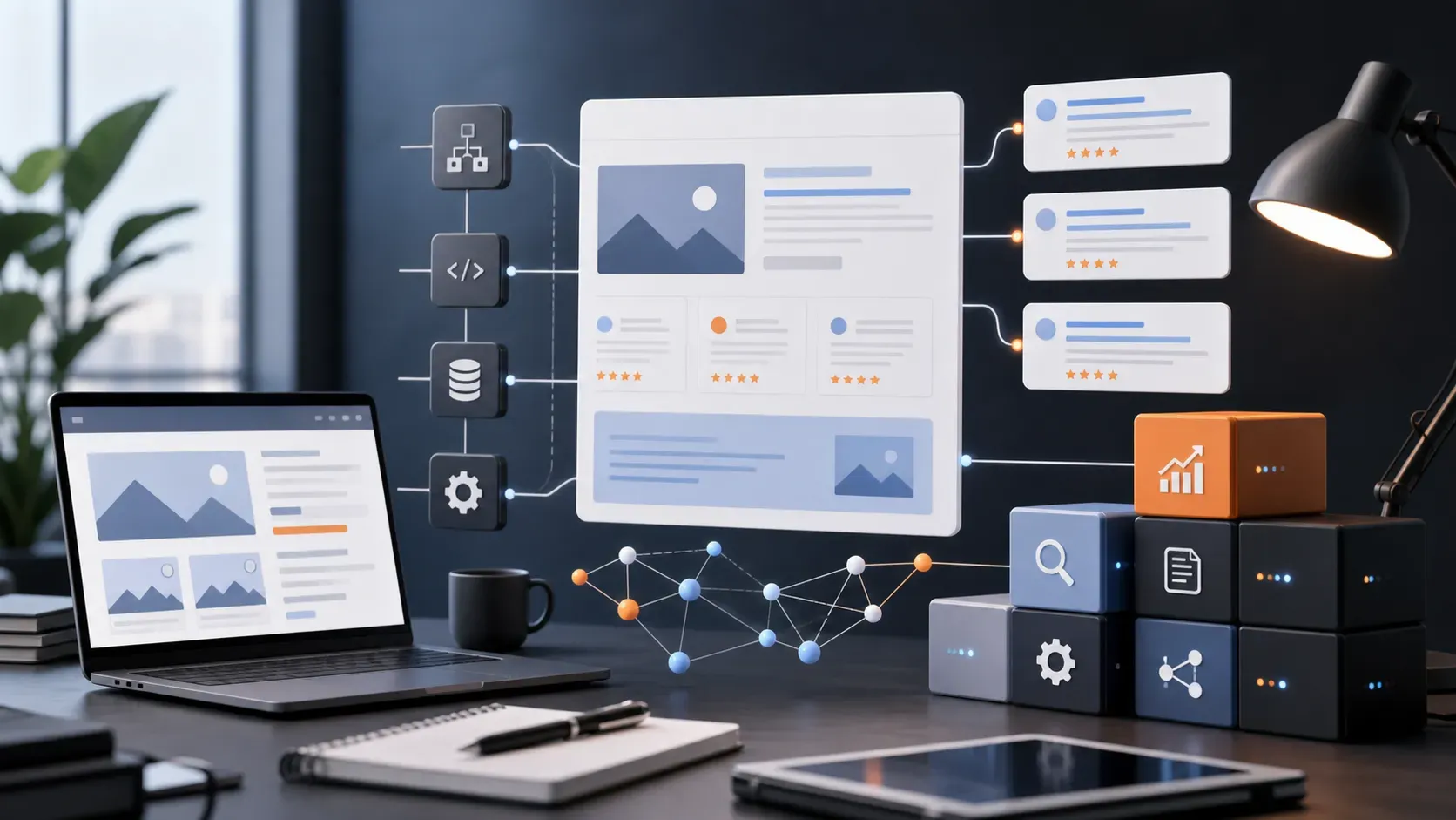 9955-wordpress-schema-plugins-featured Editorial illustration of WordPress schema markup SEO plugins and structured data workflow