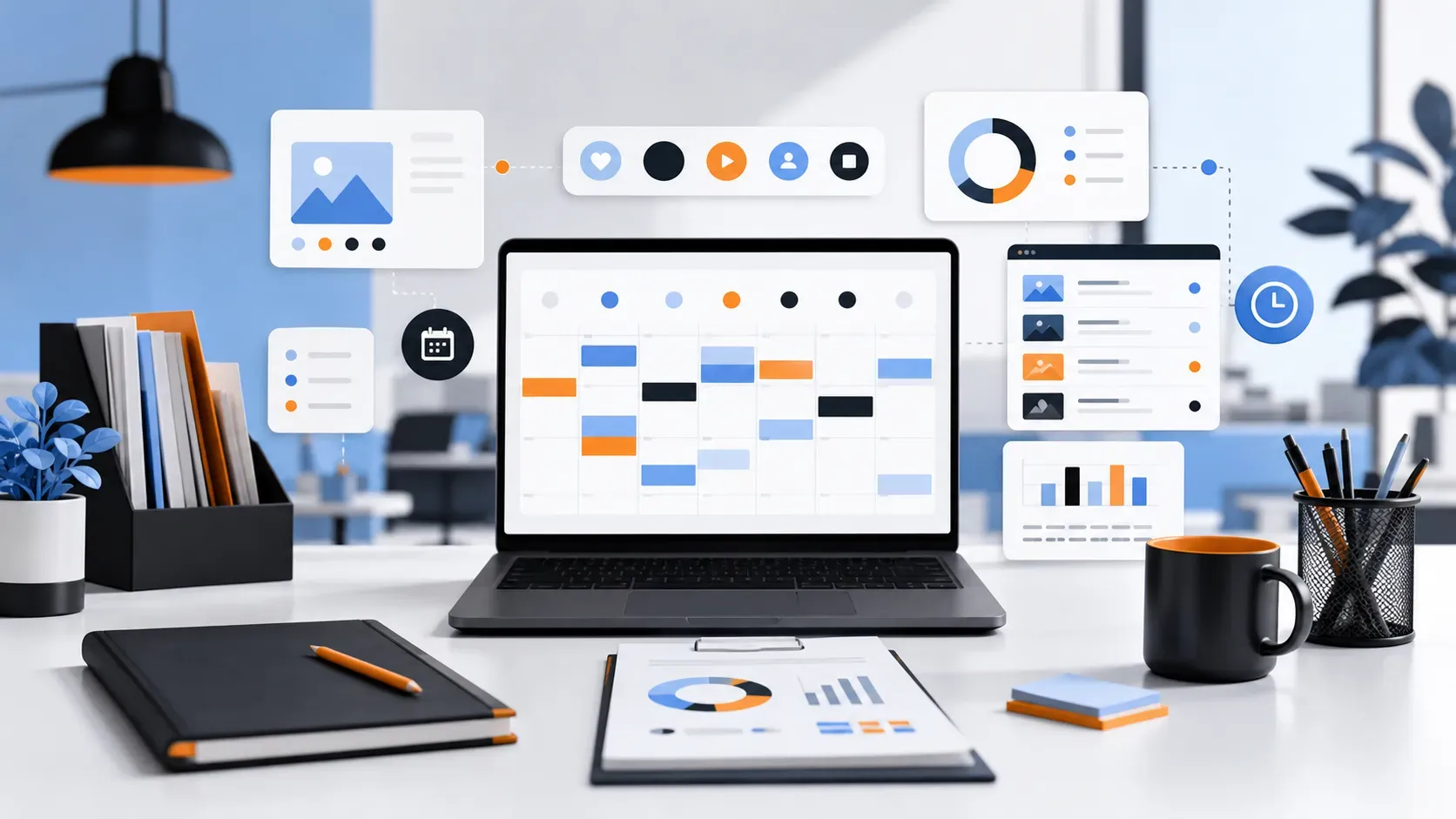 9959-social-media-scheduling-tools-featured Editorial illustration of social media scheduling tools and marketing analytics dashboard