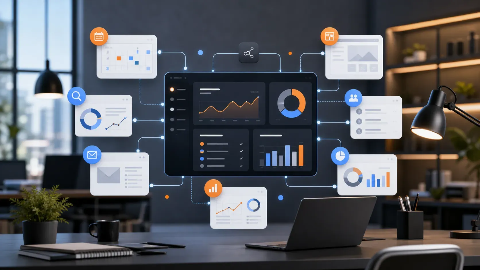 marketing-agency-tools-2026-hub-featured-1 Connected marketing agency software stack dashboard with SEO email social media and reporting modules