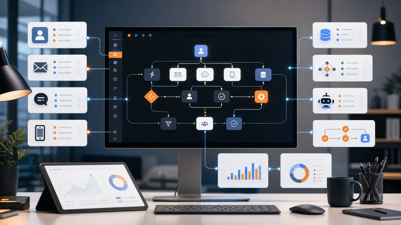 marketing-automation-tools-agencies-2026-featured Marketing automation workflow dashboard with trigger action nodes CRM sync email SMS journeys AI agents and reporting modules