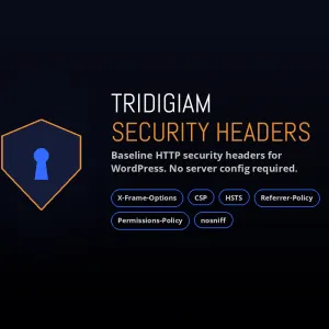 Tridigiam Security Headers plugin hero image showing shield icon and supported HTTP headers
