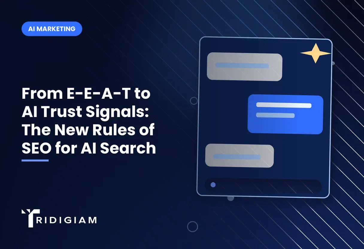 From E-E-A-T to AI Trust Signals: The New Rules of SEO for AI Search AI chat window with message bubbles for From E-E-A-T to AI Trust Signals: The New Rules of SEO for AI Search
