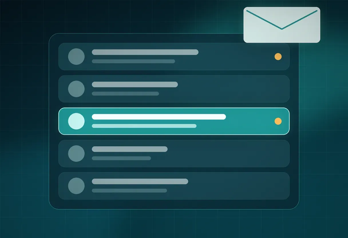 Email inbox list with one subject line highlighted and an envelope icon