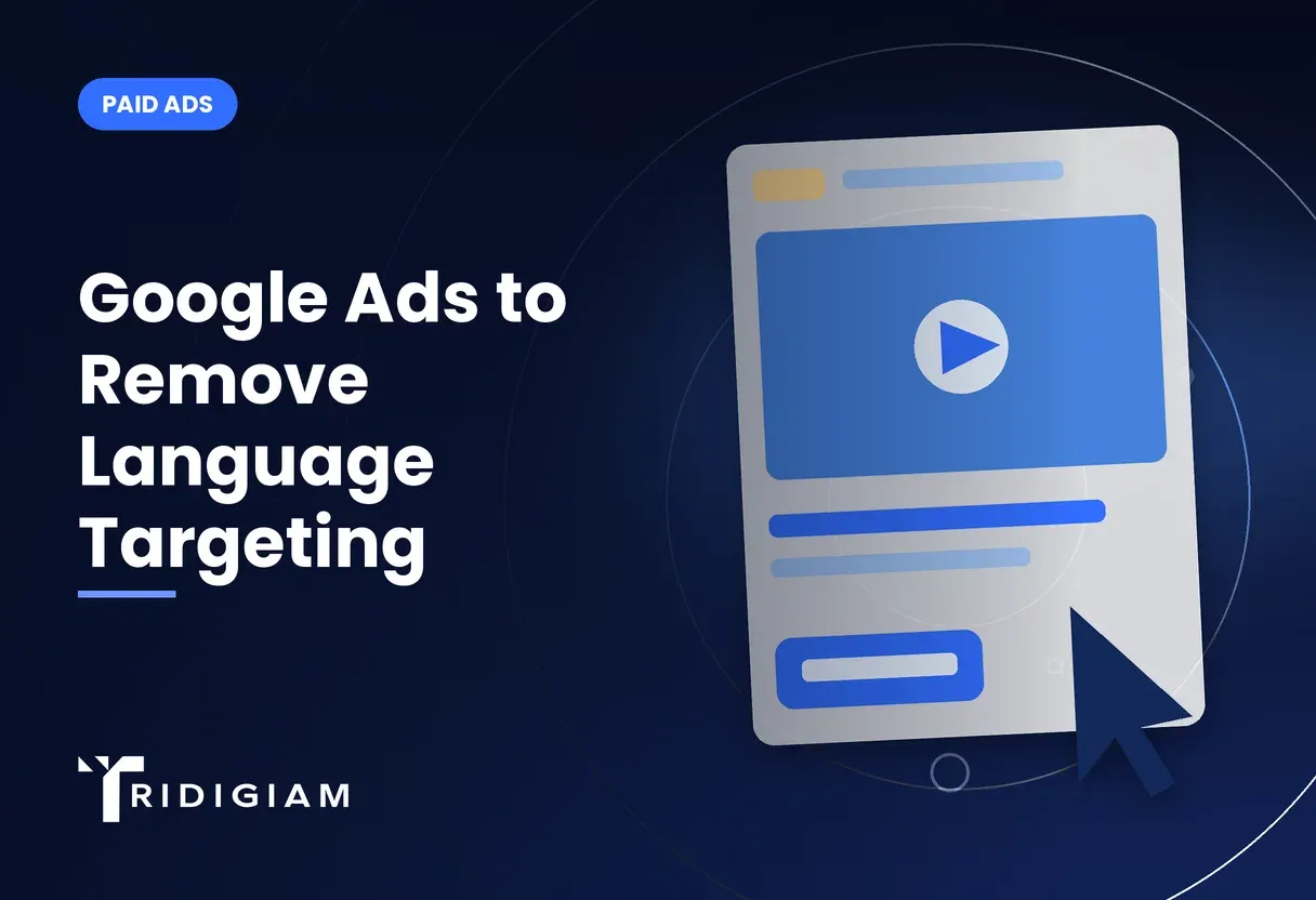 Digital ad card with a play button for Google Ads to Remove Language Targeting