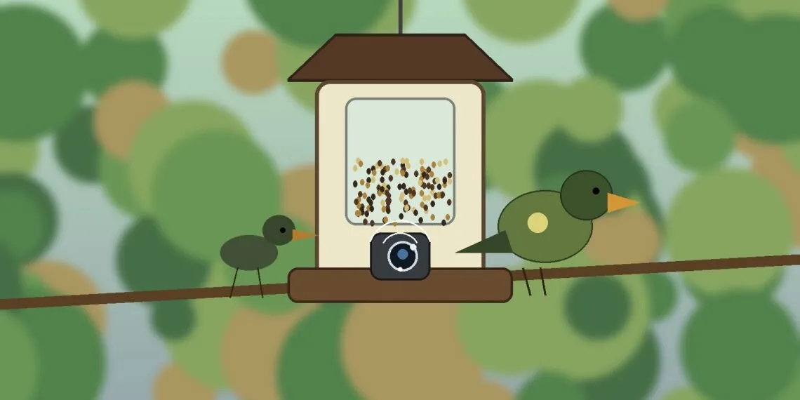 Camรฉra mangeoire connectรฉe avec objectif intรฉgrรฉ et oiseaux au jardin