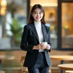 コーヒーを持って微笑む女性