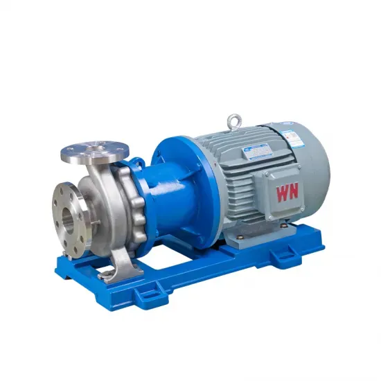 Industrial blue and gray centrifugal pump on a blue base, featuring a magnetic motor and stainless steel pipe flange for fluid transfer applications. Modeled as the CQB-P, it ensures efficient performance in demanding environments.