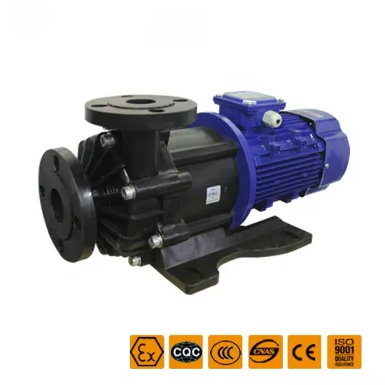The industrial centrifugal pump, featuring a sturdy blue body and black flange, is showcased on a white background. This PW-F model also boasts magnetic drive technology for enhanced efficiency. Various certification logos are visible at the bottom.