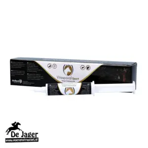 Vitasporal Sport horse supplement syringe with black‑gold box, De Jaer logo in corner on white background.