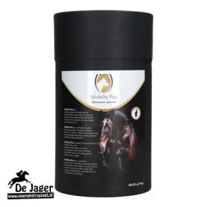Bottle of Mobility Plus effective joint supplement for horses, black cylindrical container with a white-gold label and horse logo on a dark label backdrop