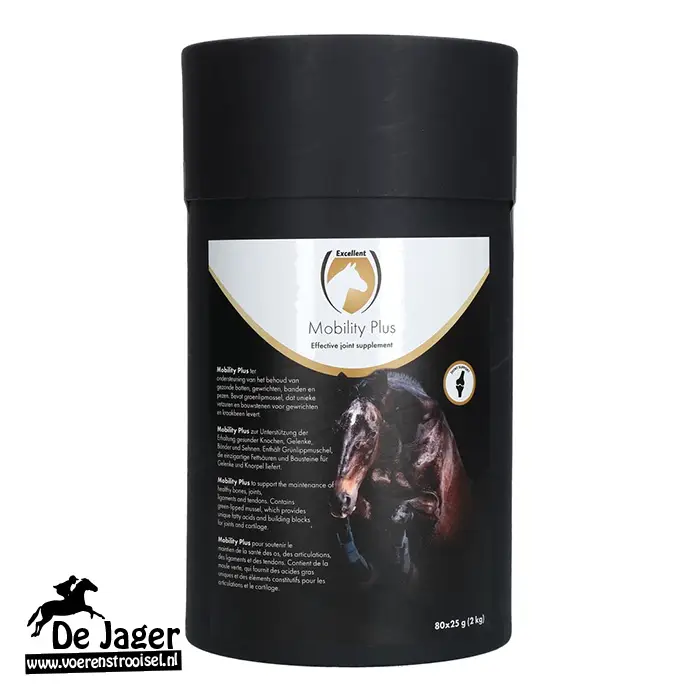 Bottle of Mobility Plus effective joint supplement for horses, black cylindrical container with a white-gold label and horse logo on a dark label backdrop