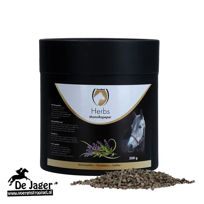 Black jar labeled 'Herbs Monnikspeper' for horses, with a white horse on the label and sprigs of herbs; 500 g container with loose brown horse pellets spilled in front, plus a De Jaer logo in the corner.