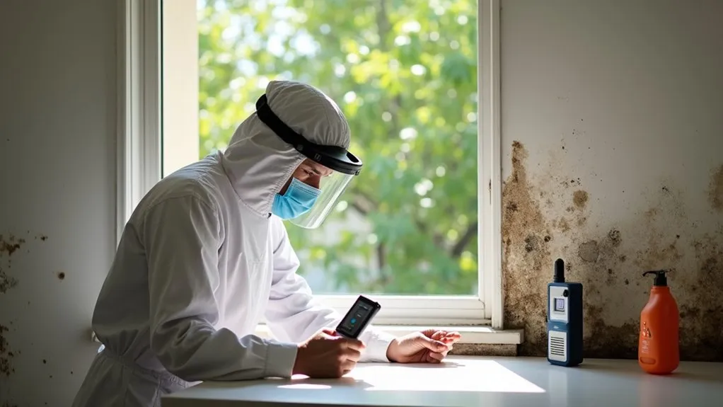 Person in protective coveralls and mask examining mold near a window with detection equipment on a nearby surface.