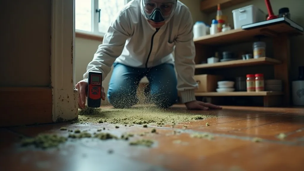 Person wearing a protective mask and jacket kneeling on the floor, measuring scattered mold debris with a digital meter.