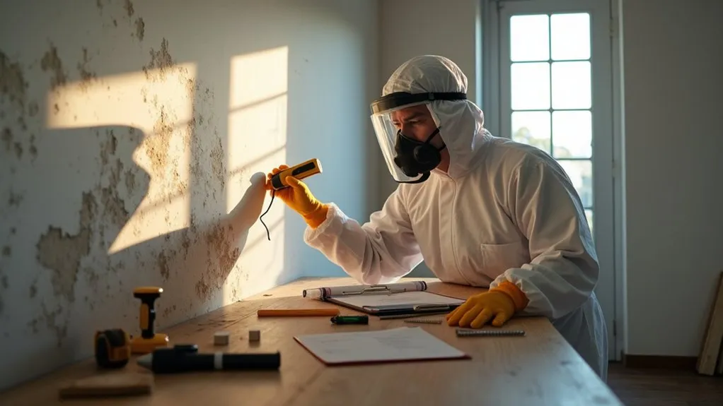 Person in a full protective suit and respirator using a handheld device to inspect mold on a wall.