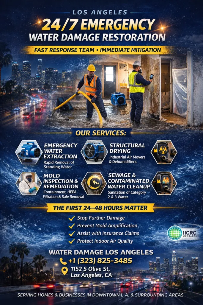 Water damage restoration process in Los Angeles showing extraction, drying, mold remediation, and sewage cleanup steps
