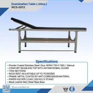 Stainless steel examination table with adjustable backrest and black leather mat.