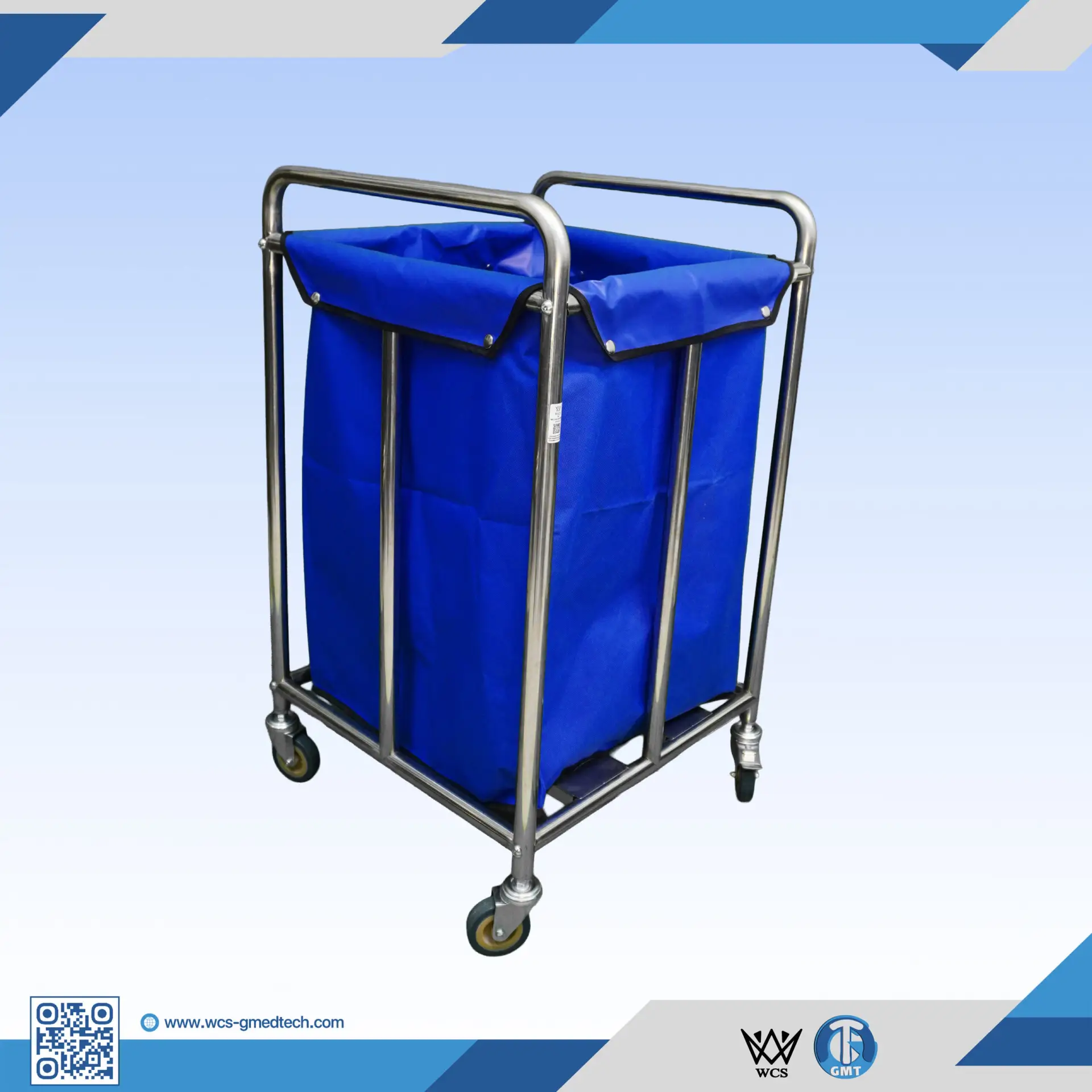 WCS-TR046 dirty linen trolley featuring a 304 stainless steel frame, 0.8mm thickness, and a yellow waterproof oxford cloth bag on 3-inch wheels.