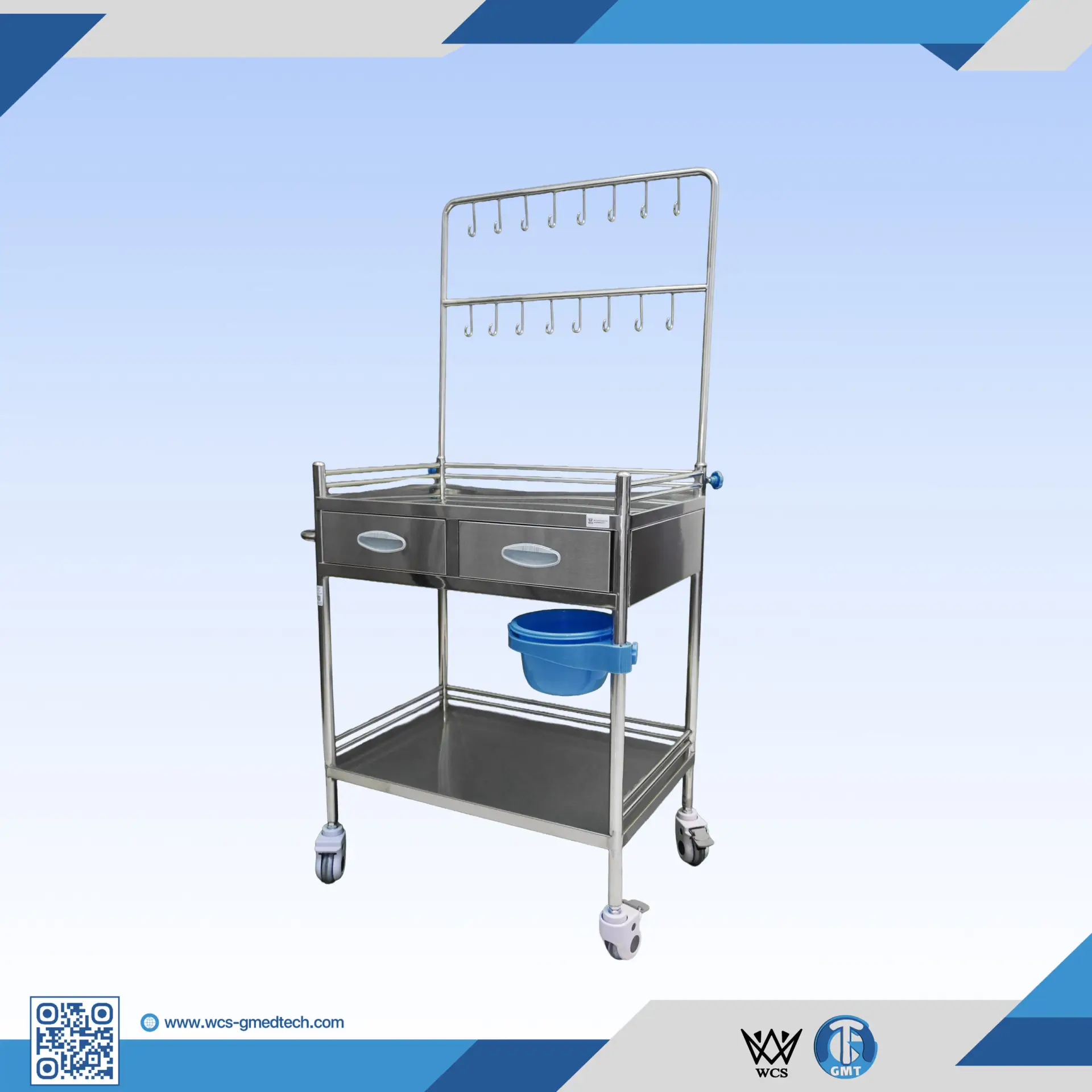WCS-TR047 two-tier stainless steel infusion trolley with adjustable IV pole and 3-inch caster wheels