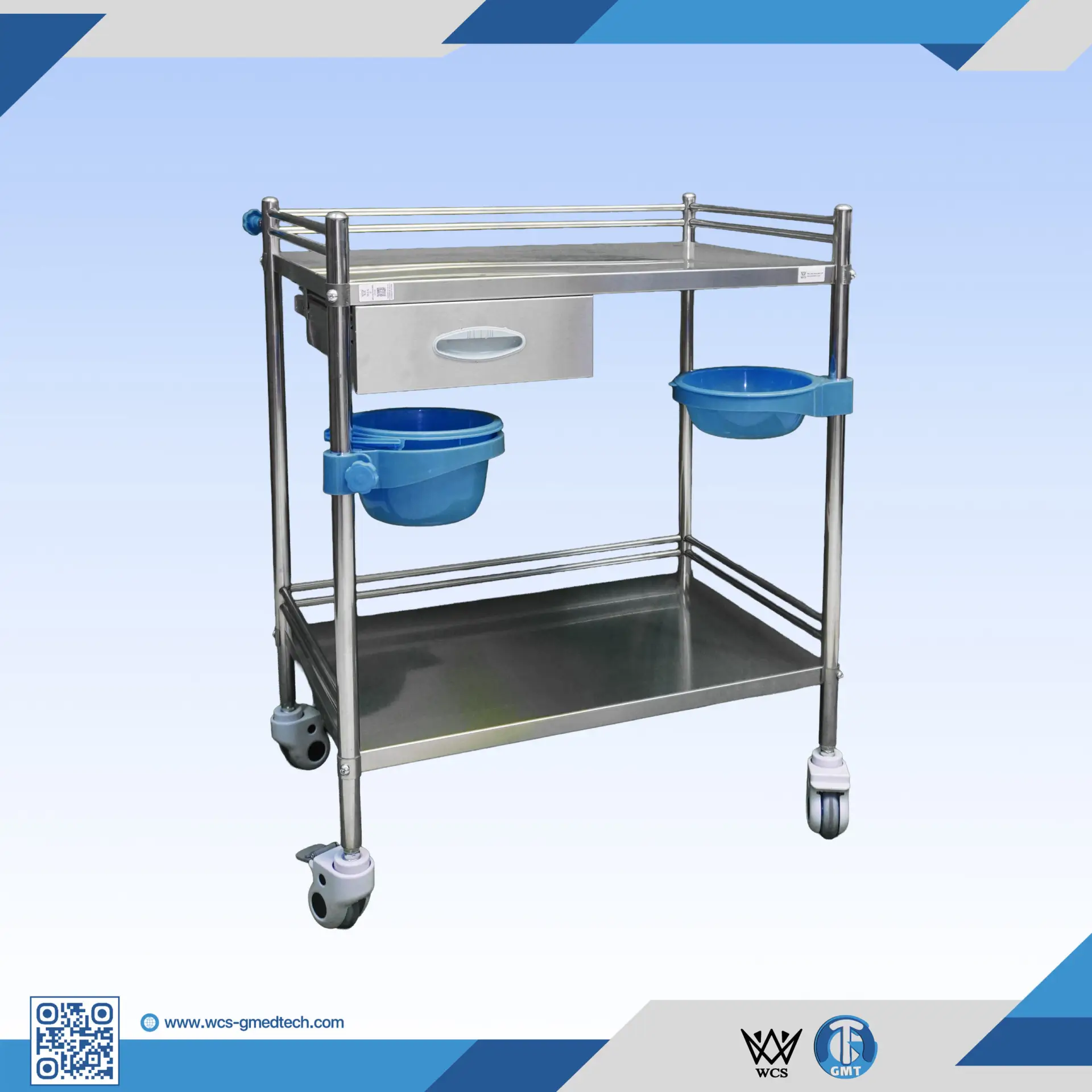 WCS-TR048 two-tier medicinal stainless steel trolley with adjustable tray, small drawer, bowl, plastic bucket, and four 3-inch caster wheels