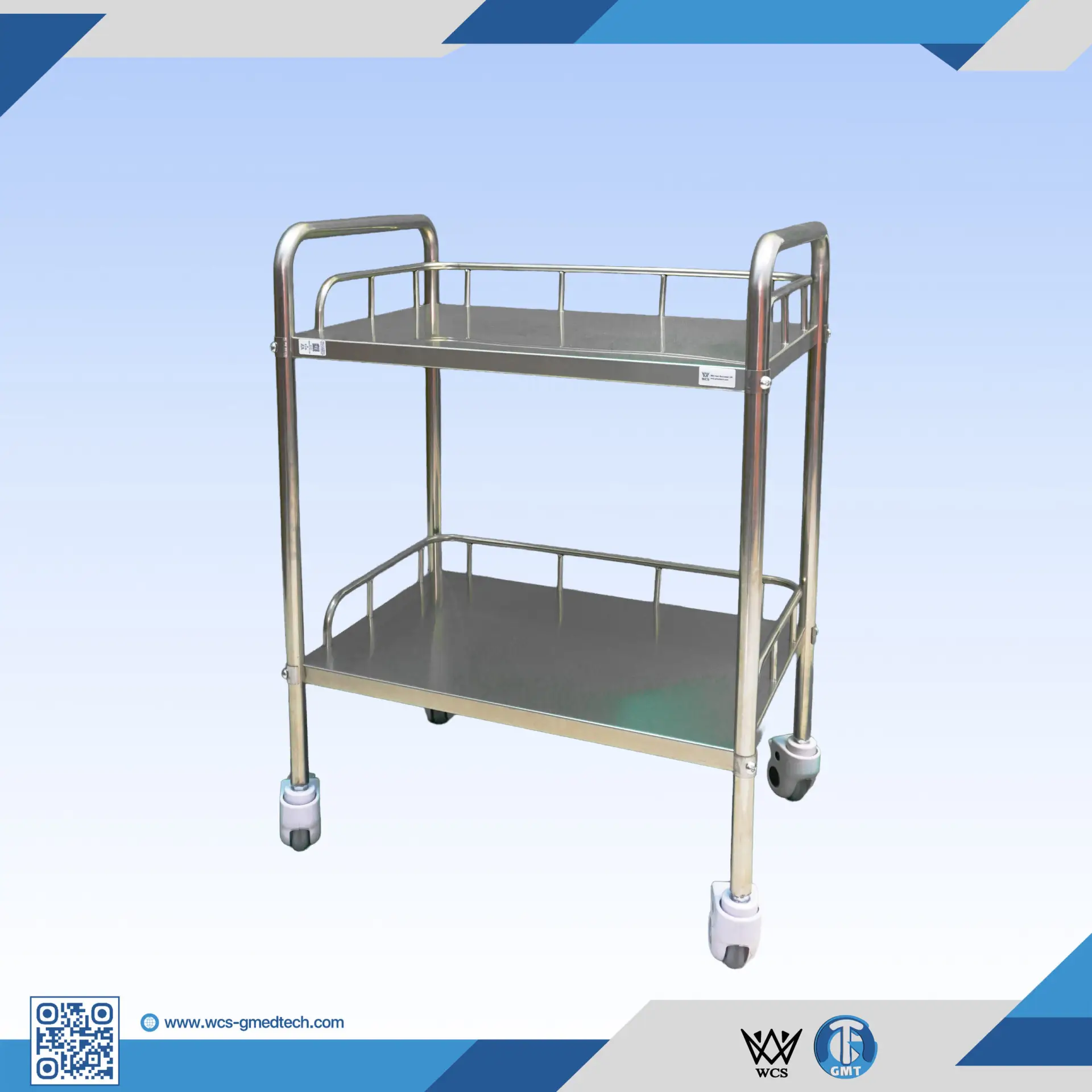 WCS-TR039 stainless steel 2-layer trolley with 3-inch caster wheels and stainless steel link screws