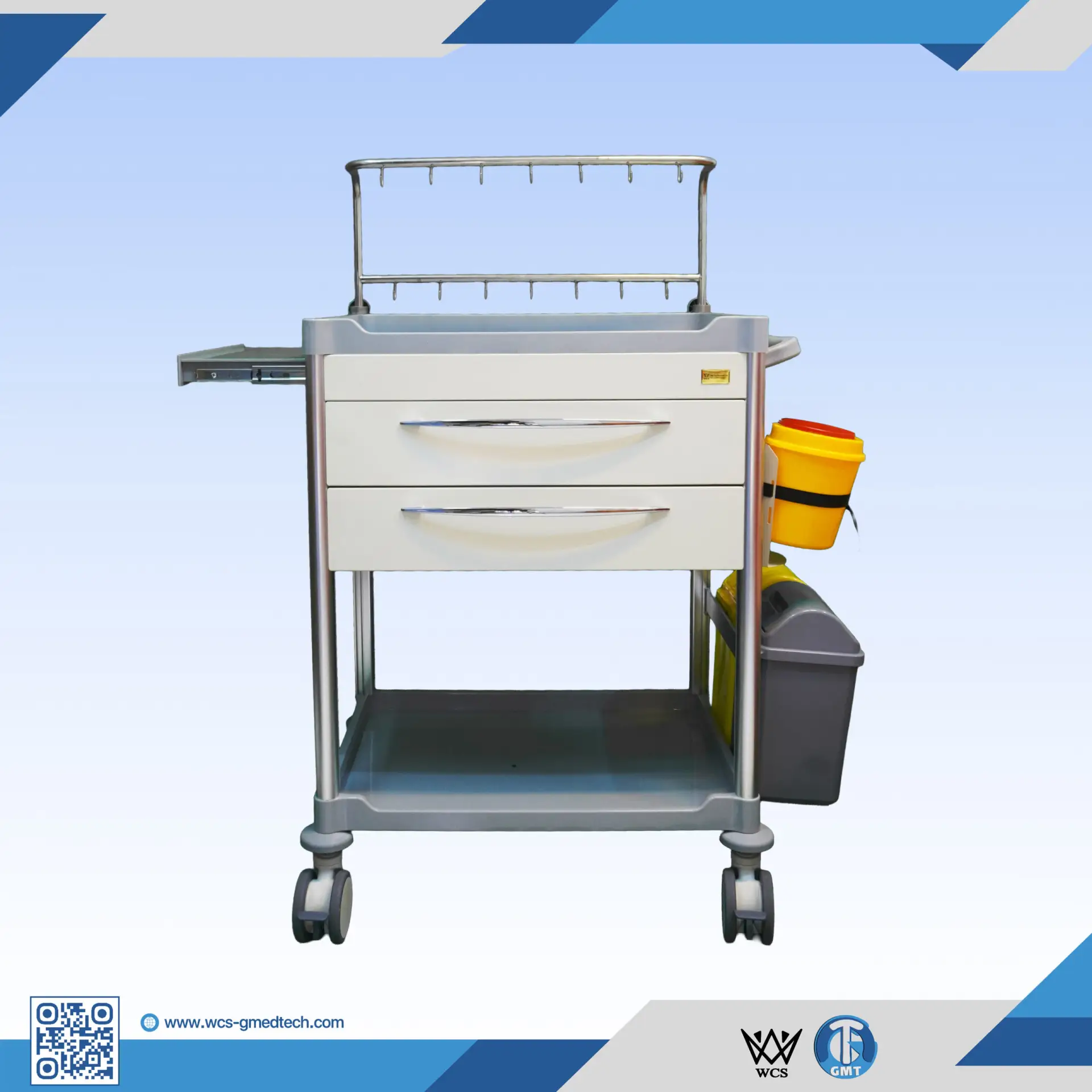 WCS-TR029 Infusion Trolley with double-deck IV pole, two powder-coated drawers, SS304 wire basket, and four antistatic castors