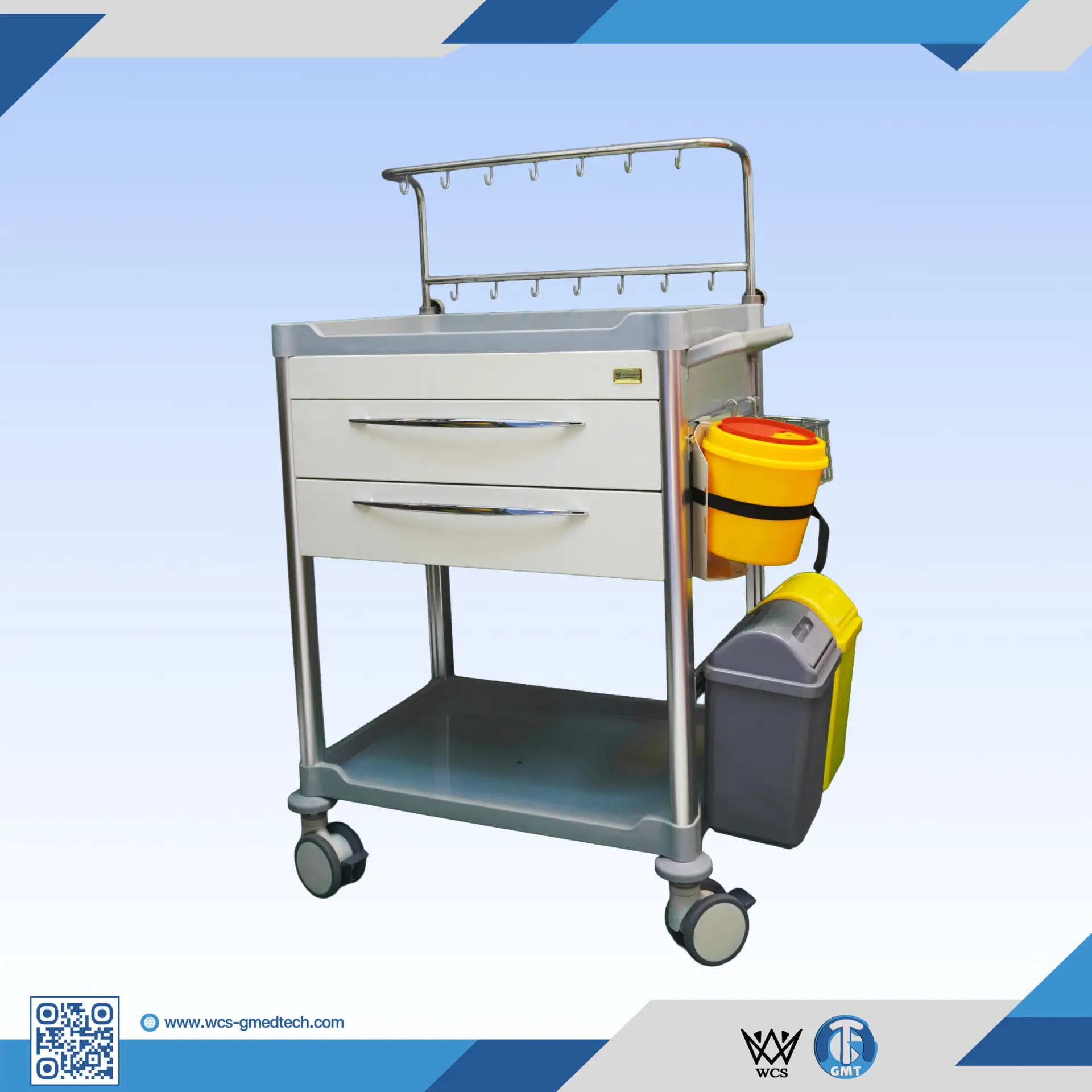 WCS-TR029 Infusion Trolley with double-deck IV pole, two powder-coated drawers, SS304 wire basket, and four antistatic castors