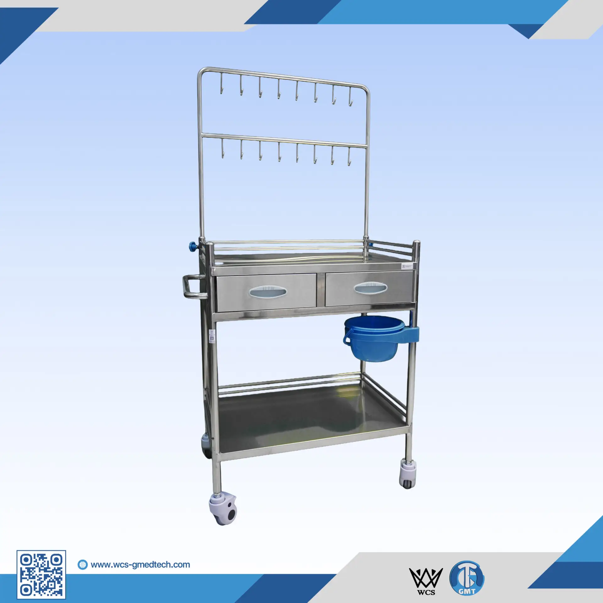 WCS-TR047 two-tier stainless steel infusion trolley with adjustable IV pole and 3-inch caster wheels