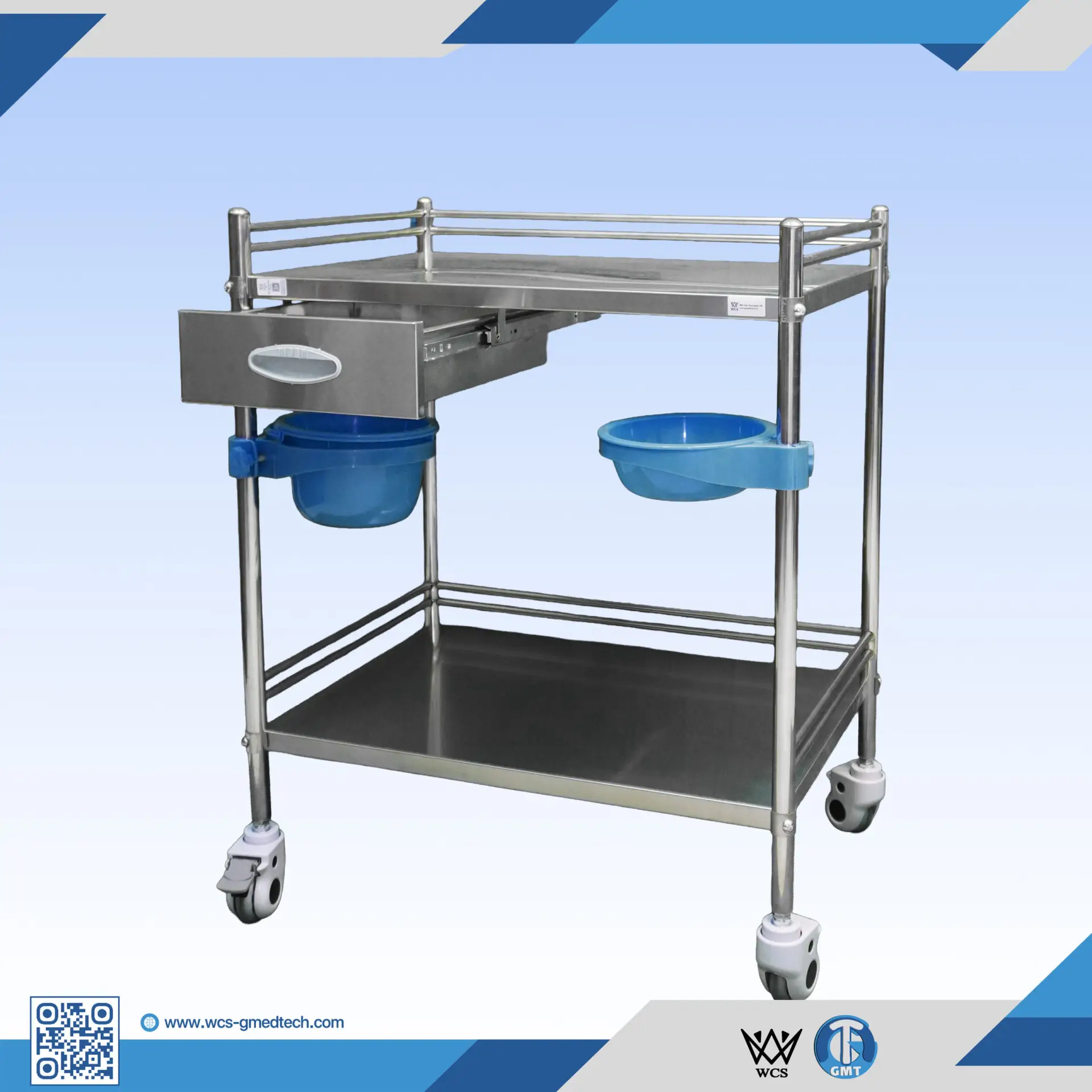 WCS-TR048 two-tier medicinal stainless steel trolley with adjustable tray, small drawer, bowl, plastic bucket, and four 3-inch caster wheels