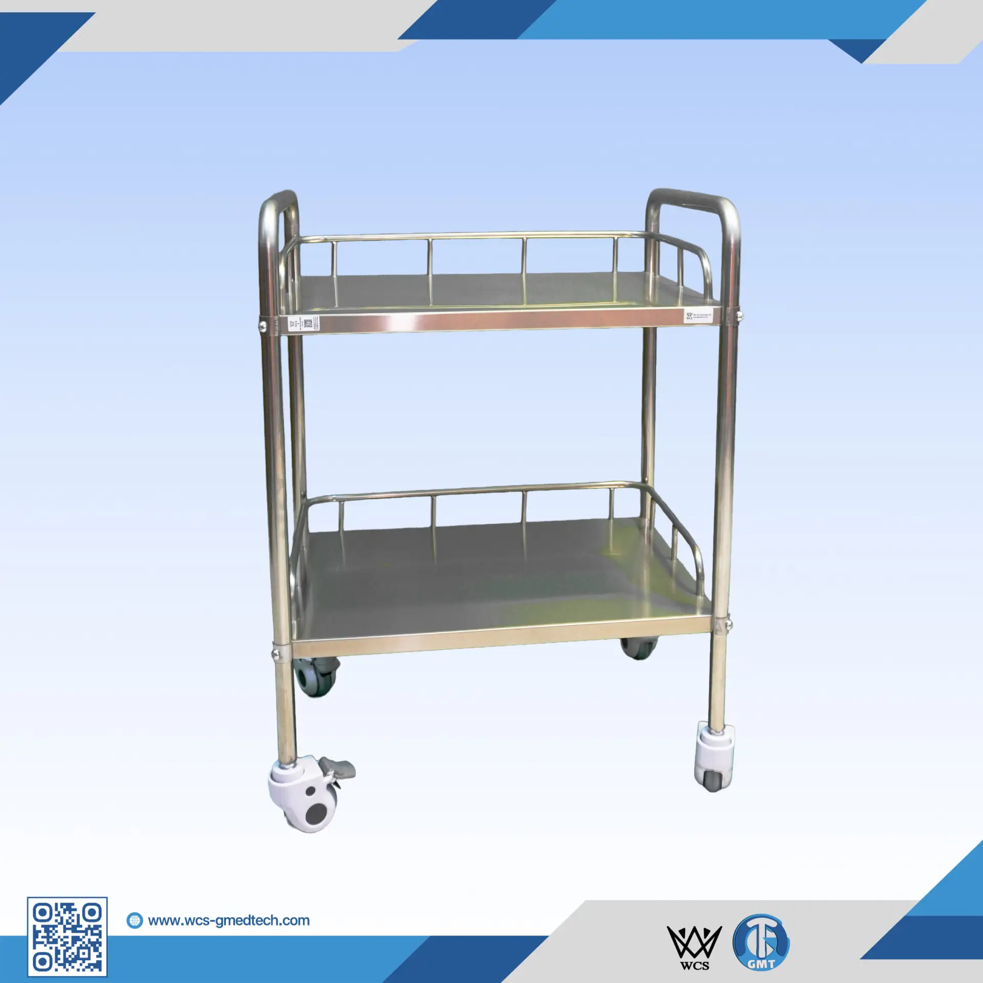 WCS-TR039 stainless steel 2-layer trolley with 3-inch caster wheels and stainless steel link screws