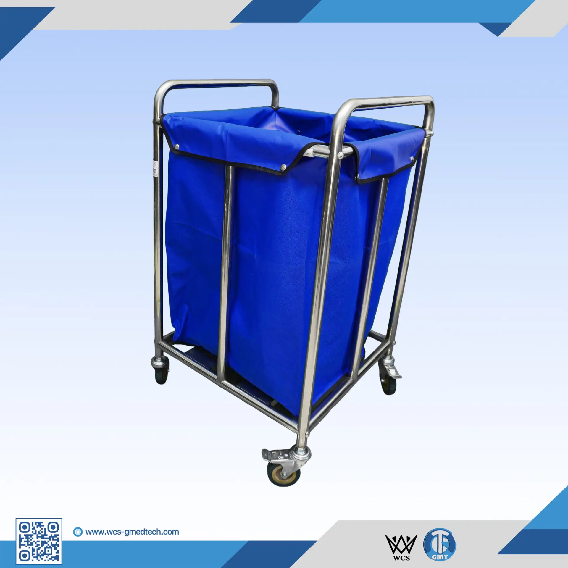 WCS-TR046 dirty linen trolley featuring a 304 stainless steel frame, 0.8mm thickness, and a yellow waterproof oxford cloth bag on 3-inch wheels.