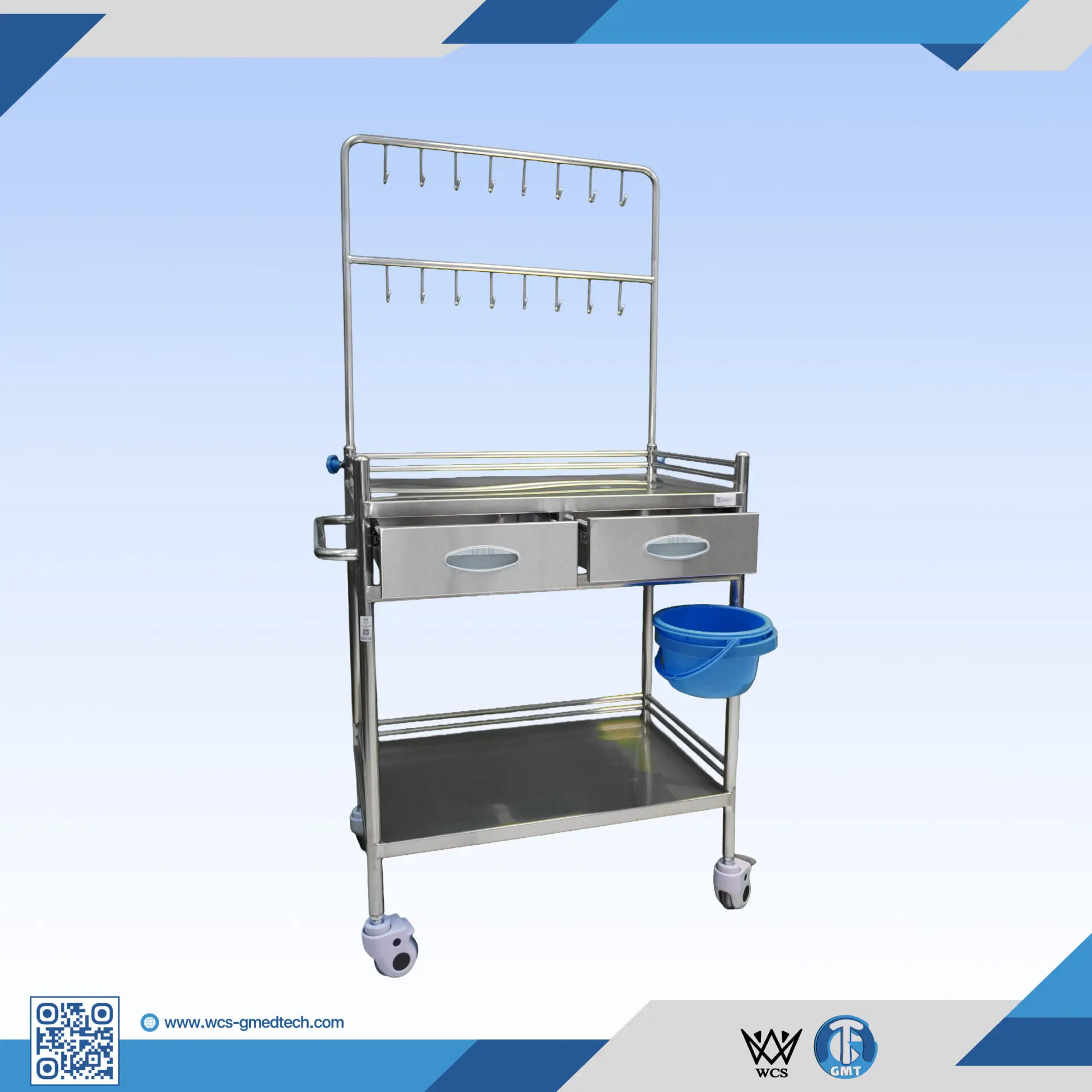 WCS-TR047 two-tier stainless steel infusion trolley with adjustable IV pole and 3-inch caster wheels