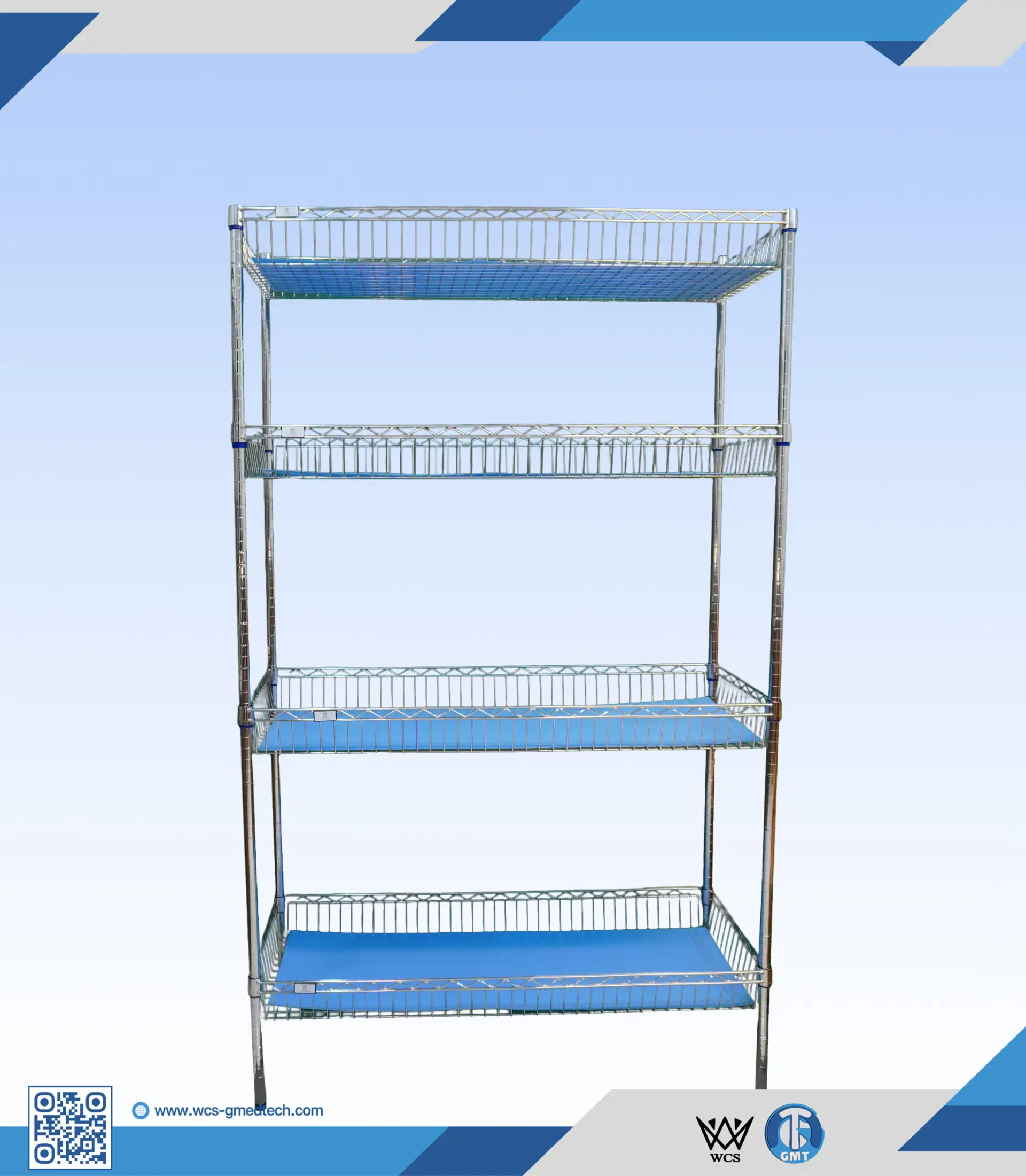 WCS-S018 4-tier heavy duty chrome wire shelf basket measuring 45x120x200 cm with adjustable level feet and 250kg load capacity