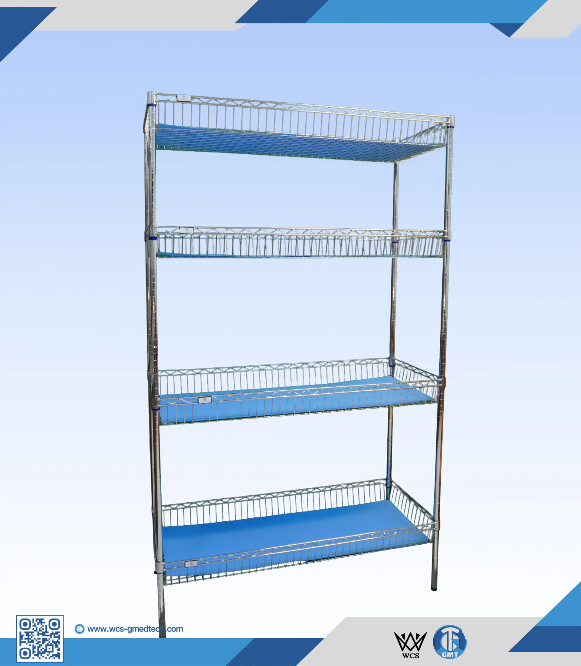 WCS-S018 4-tier heavy duty chrome wire shelf basket measuring 45x120x200 cm with adjustable level feet and 250kg load capacity