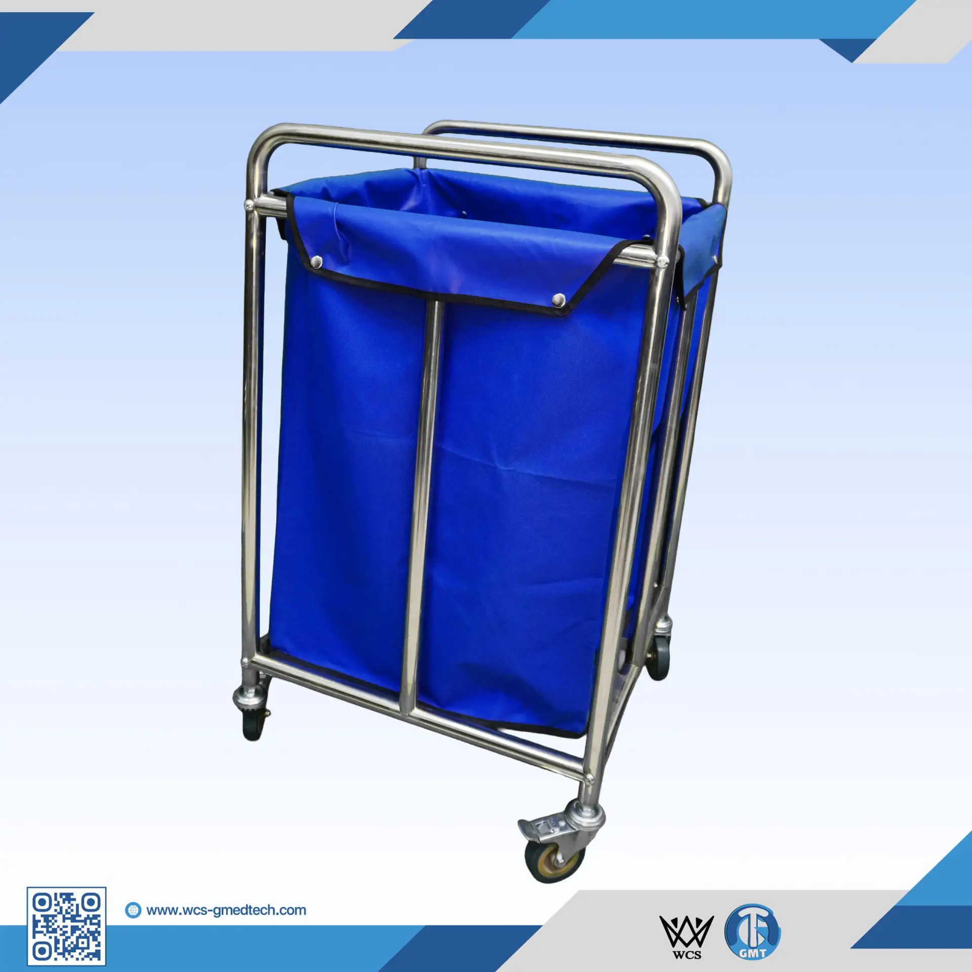 WCS-TR046 dirty linen trolley featuring a 304 stainless steel frame, 0.8mm thickness, and a yellow waterproof oxford cloth bag on 3-inch wheels.