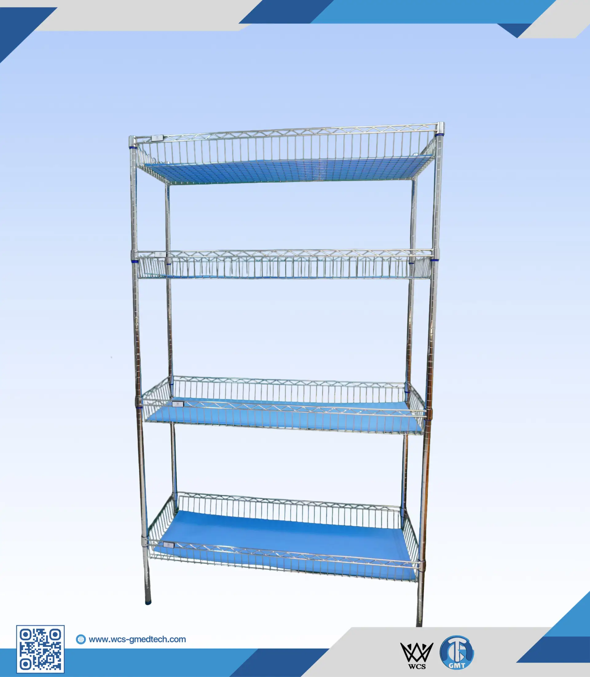 WCS-S018 4-tier heavy duty chrome wire shelf basket measuring 45x120x200 cm with adjustable level feet and 250kg load capacity
