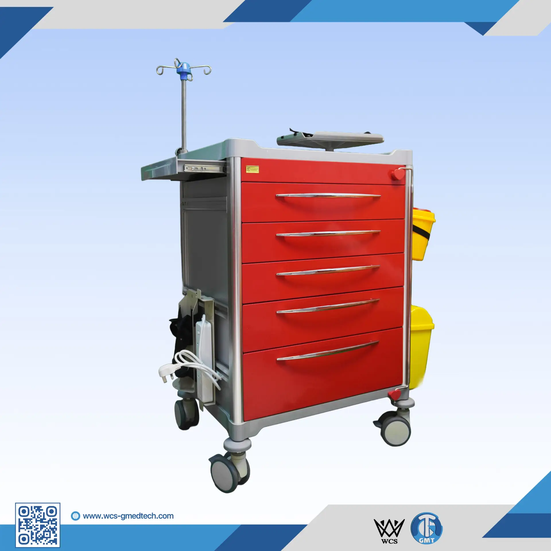 WCS-TR026 Emergency Trolley with 5 soft-closing drawers, antistatic castors, PVC waste bins, and stainless steel wire basket