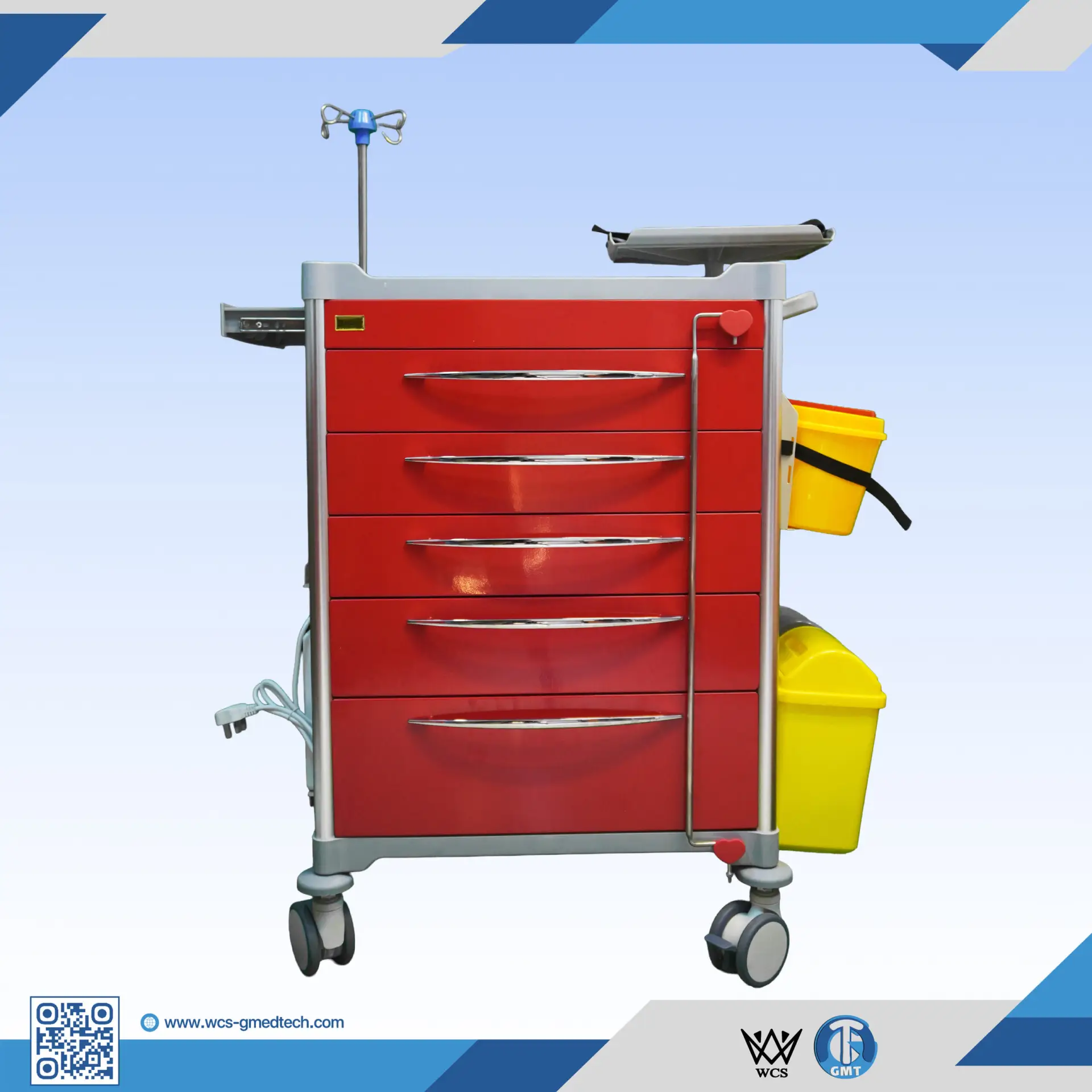 WCS-TR026 Emergency Trolley with 5 soft-closing drawers, antistatic castors, PVC waste bins, and stainless steel wire basket
