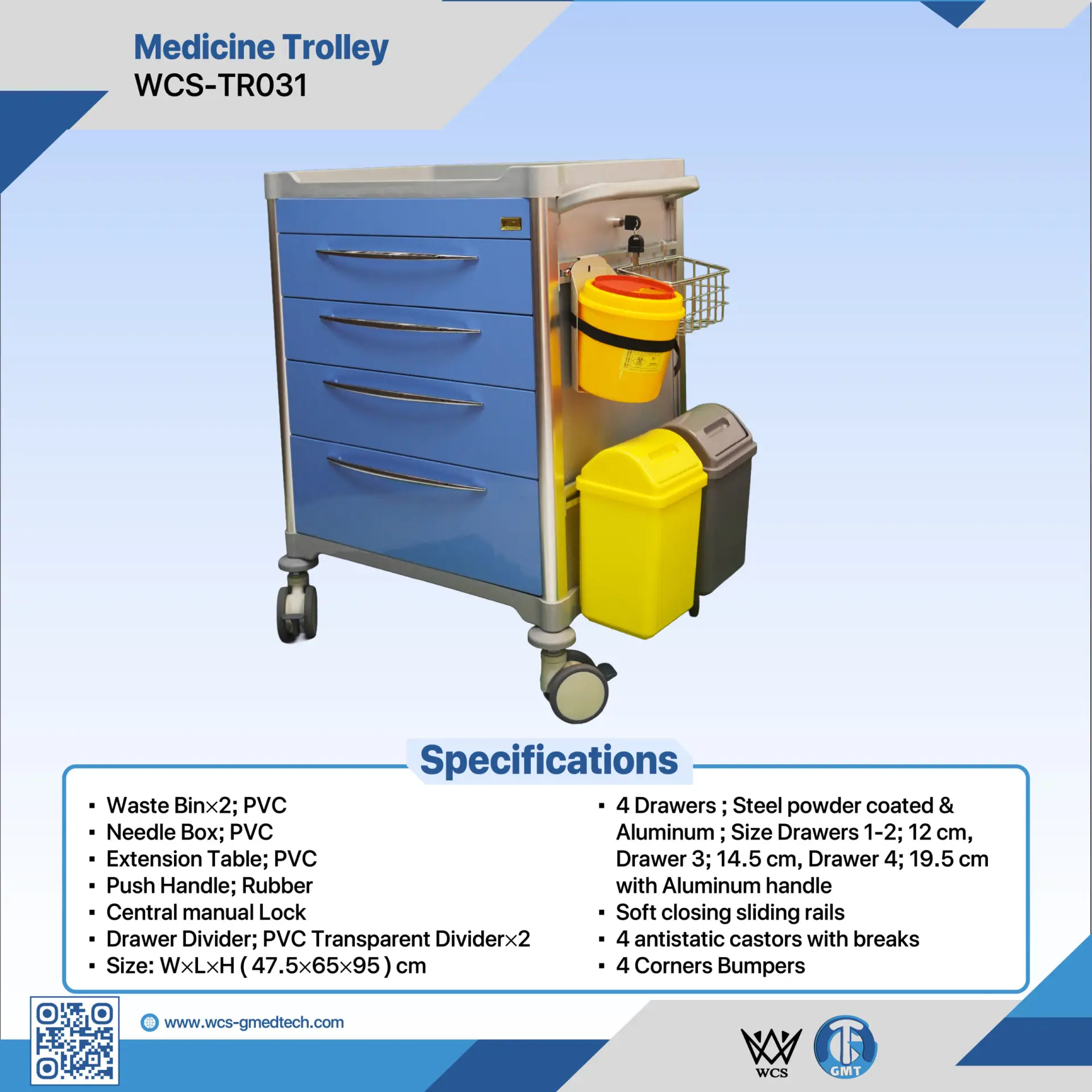 WCS-TR031 Medicine Trolley with four powder-coated steel drawers, PVC waste bins, needle box, and antistatic castors