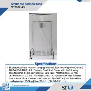 WCS-S043 4-tier solid stainless steel shelf corner with 38mm posts, 0.8mm plates, and M12 adjustable level feet