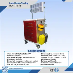 WCS-TR032 Anesthesia Trolley with 5 soft-closing drawers, antistatic castors, PVC waste bins, and SS 304 wire basket