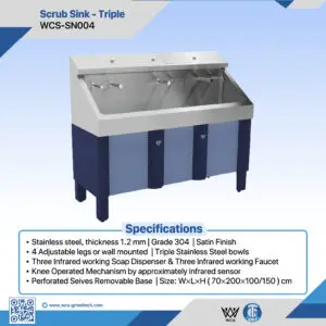 WCS-SN004 Triple Scrub Sink with Grade 304 stainless steel bowls, infrared faucets, and removable perforated base