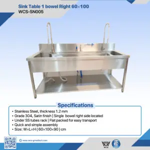 WCS-SN005 Grade 304 stainless steel sink table with right-side bowl and under-shelf tube rack, measuring 60x100x90 cm