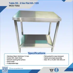 WCS-T002 304 stainless steel 2-tier flat table with satin finish and lower shelf, measuring 60x120x90 cm