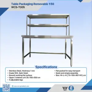 WCS-T005 304 stainless steel medical packaging table with satin finish and two upper shelves